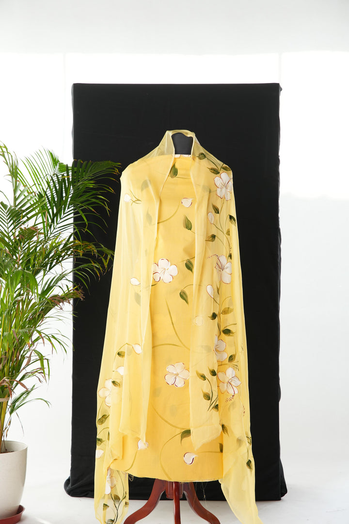 Rustic Bloom Yellow Cotton Hand Block Printed Unstitched Suit Set