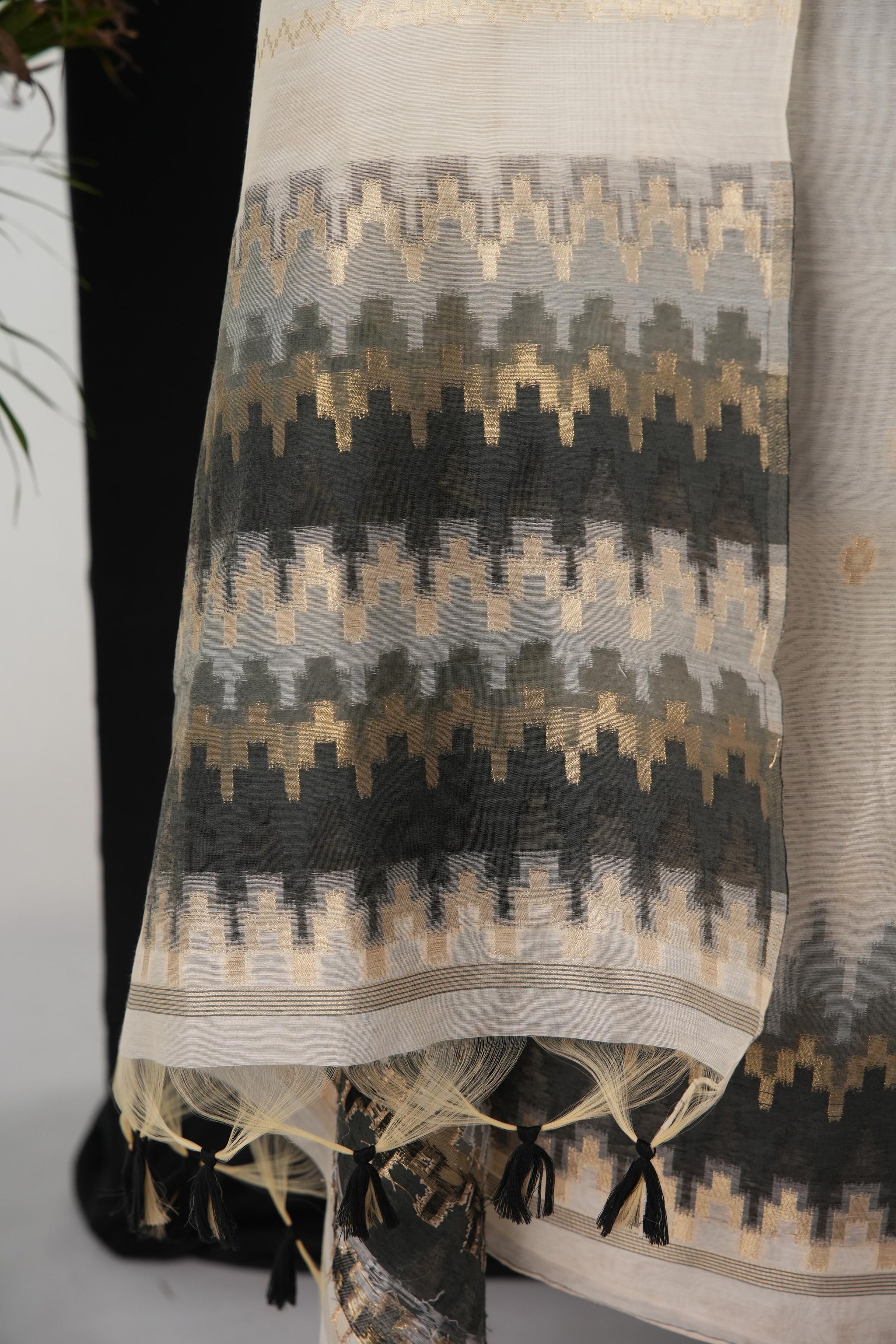 Everyday Elegance White & Black Muga Cotton Unstitched Suit Set