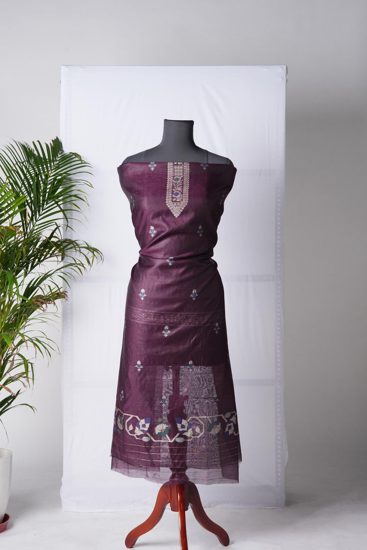Rich Hues Wine Soft Cotton Jamdani Unstitched Suit Set