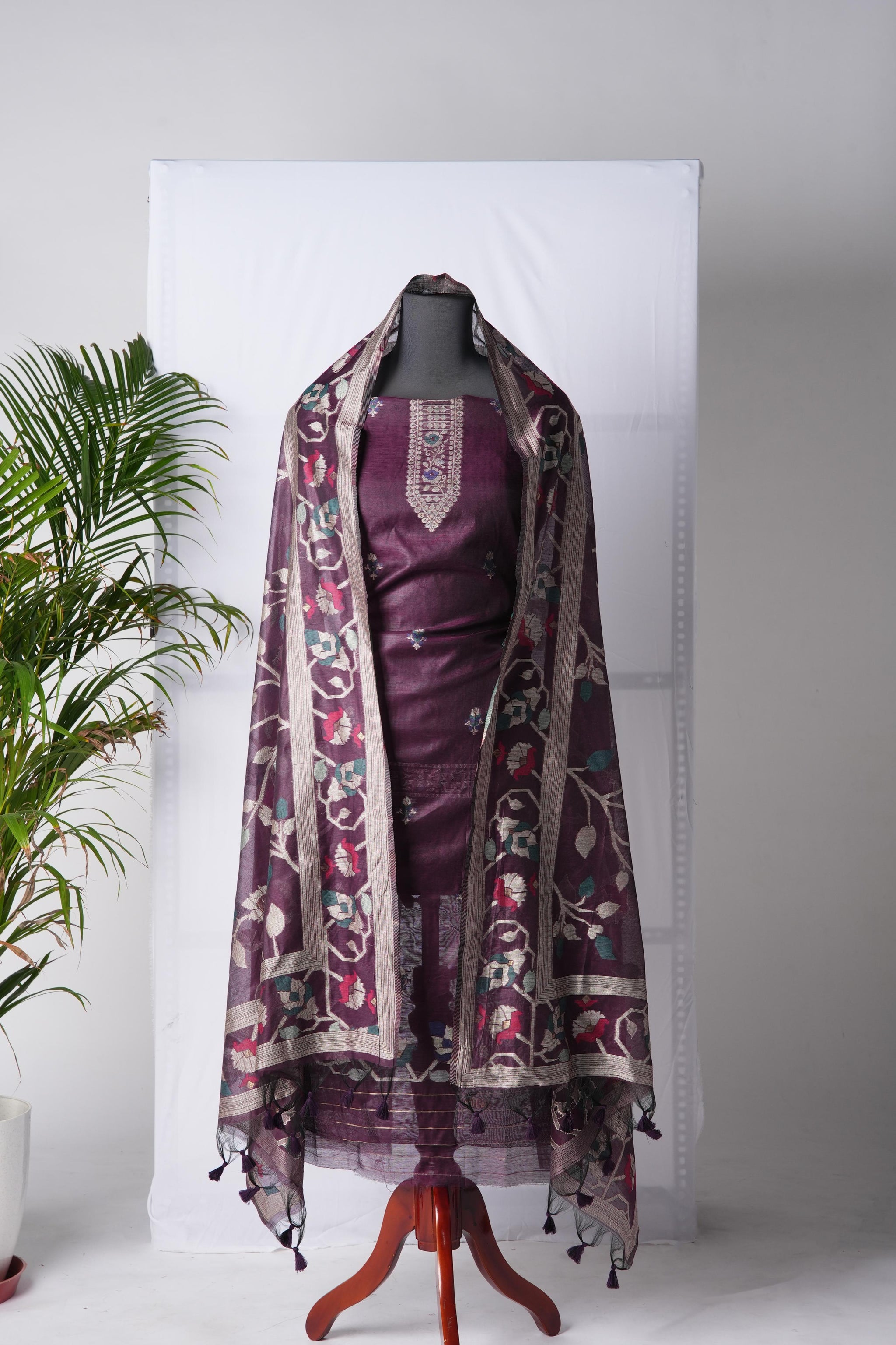 Rich Hues Wine Soft Cotton Jamdani Unstitched Suit Set
