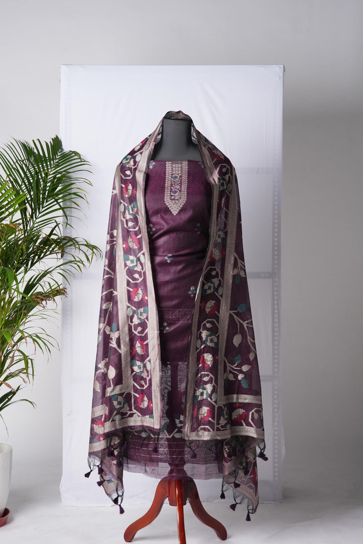 Rich Hues Wine Soft Cotton Jamdani Unstitched Suit Set