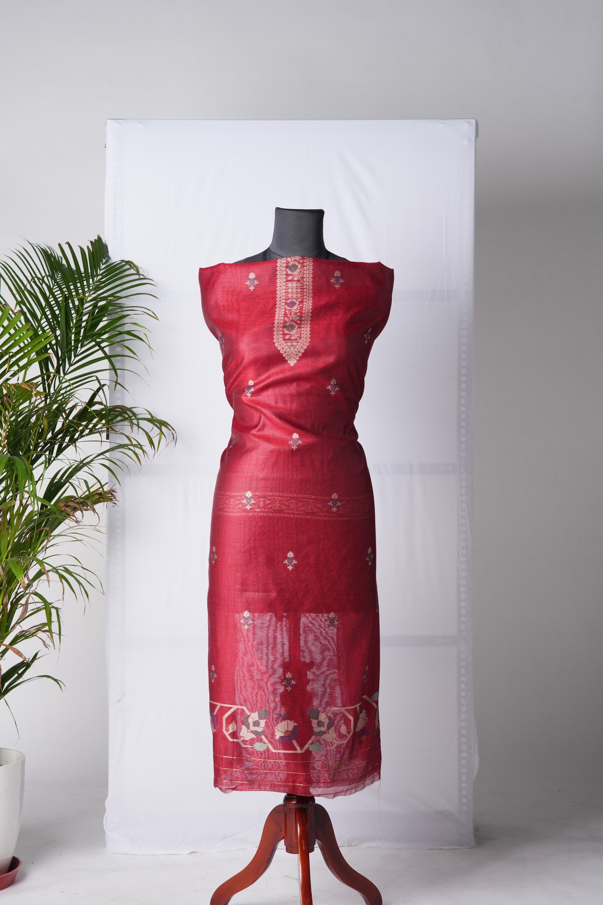 Rich Hues Red Soft Cotton Jamdani Unstitched Suit Set