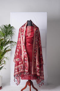 Rich Hues Red Soft Cotton Jamdani Unstitched Suit Set