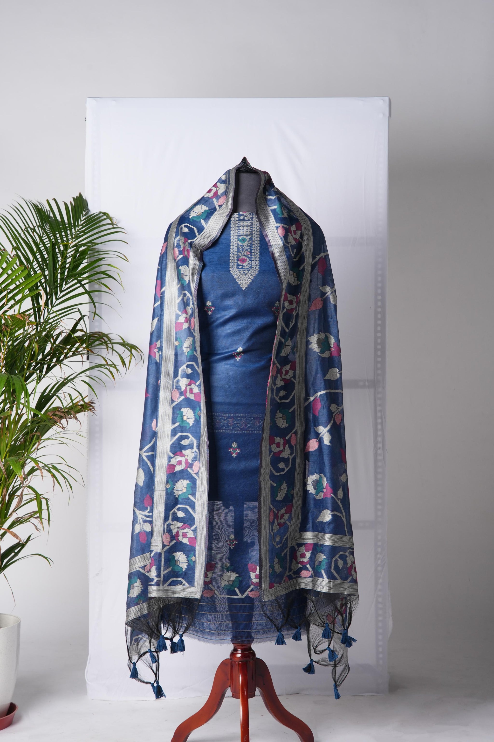 Rich Hues Navy Soft Cotton Jamdani Unstitched Suit Set