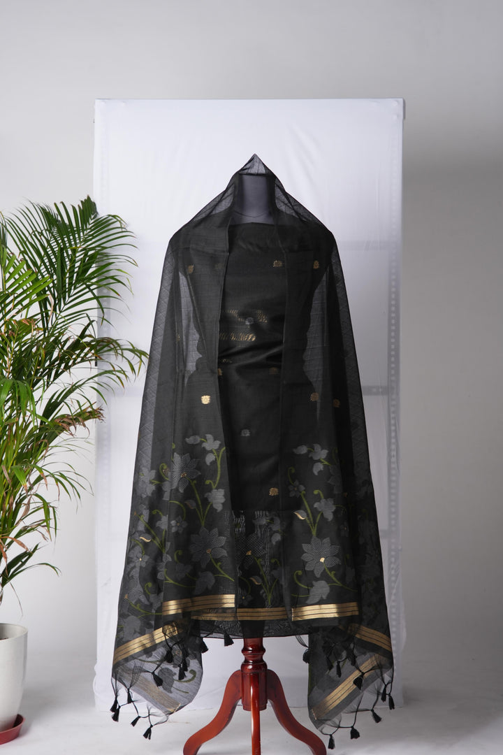 Dream Weaver Black Muga Cotton Jamdani Unstitched Suit Set