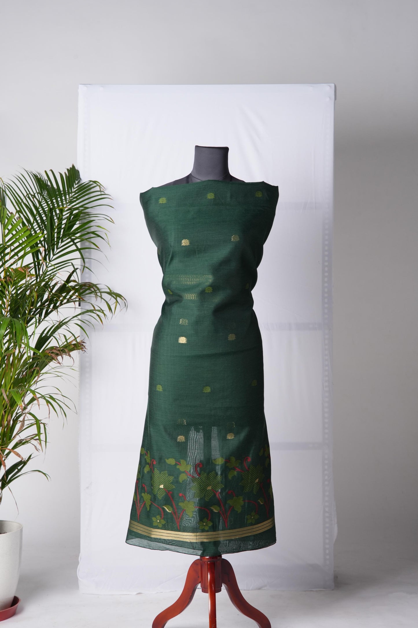 Dream Weaver Bottle Green Muga Cotton Jamdani Unstitched Suit Set