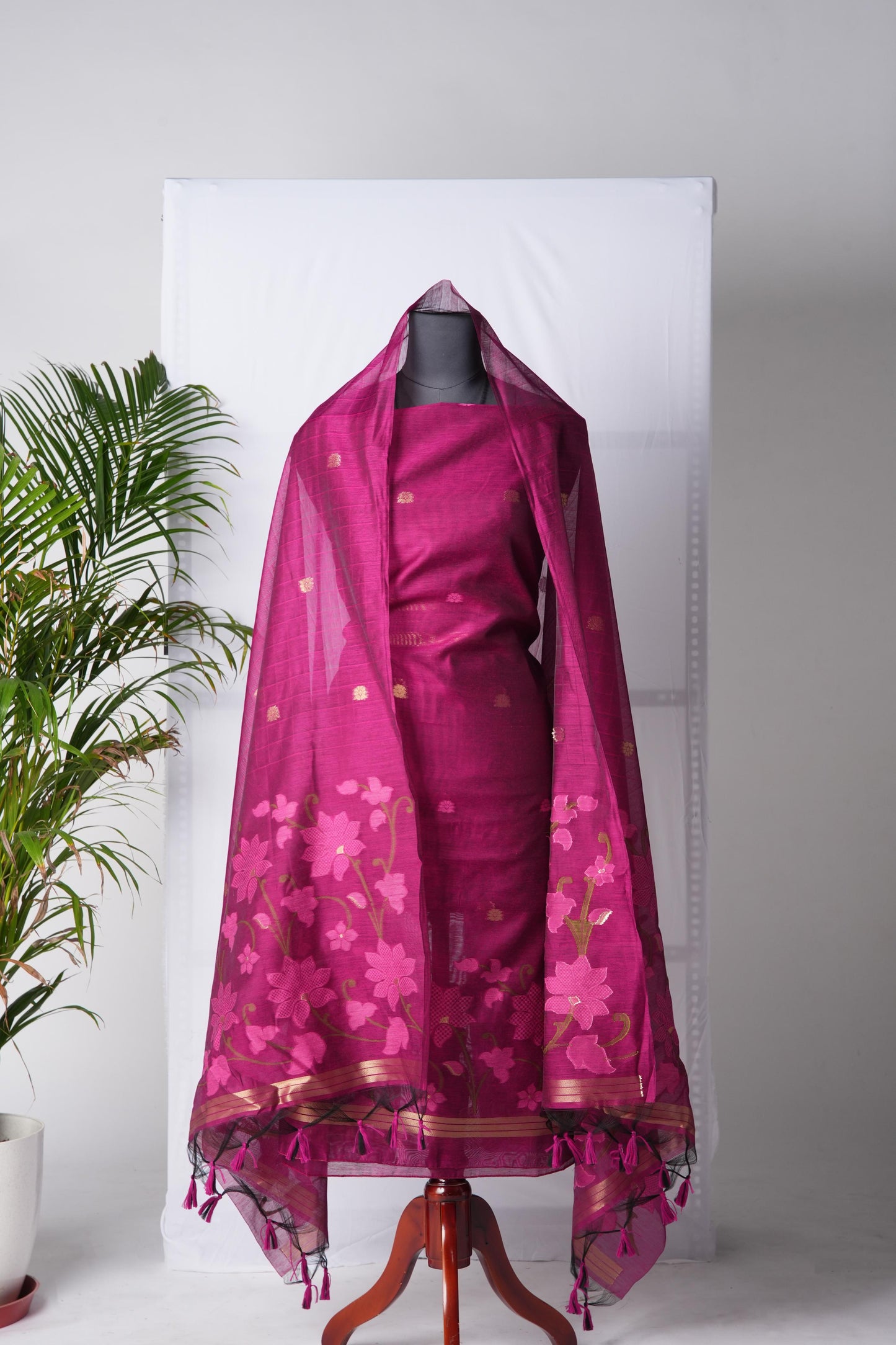 Dream Weaver Rani Pink Muga Cotton Jamdani Unstitched Suit Set