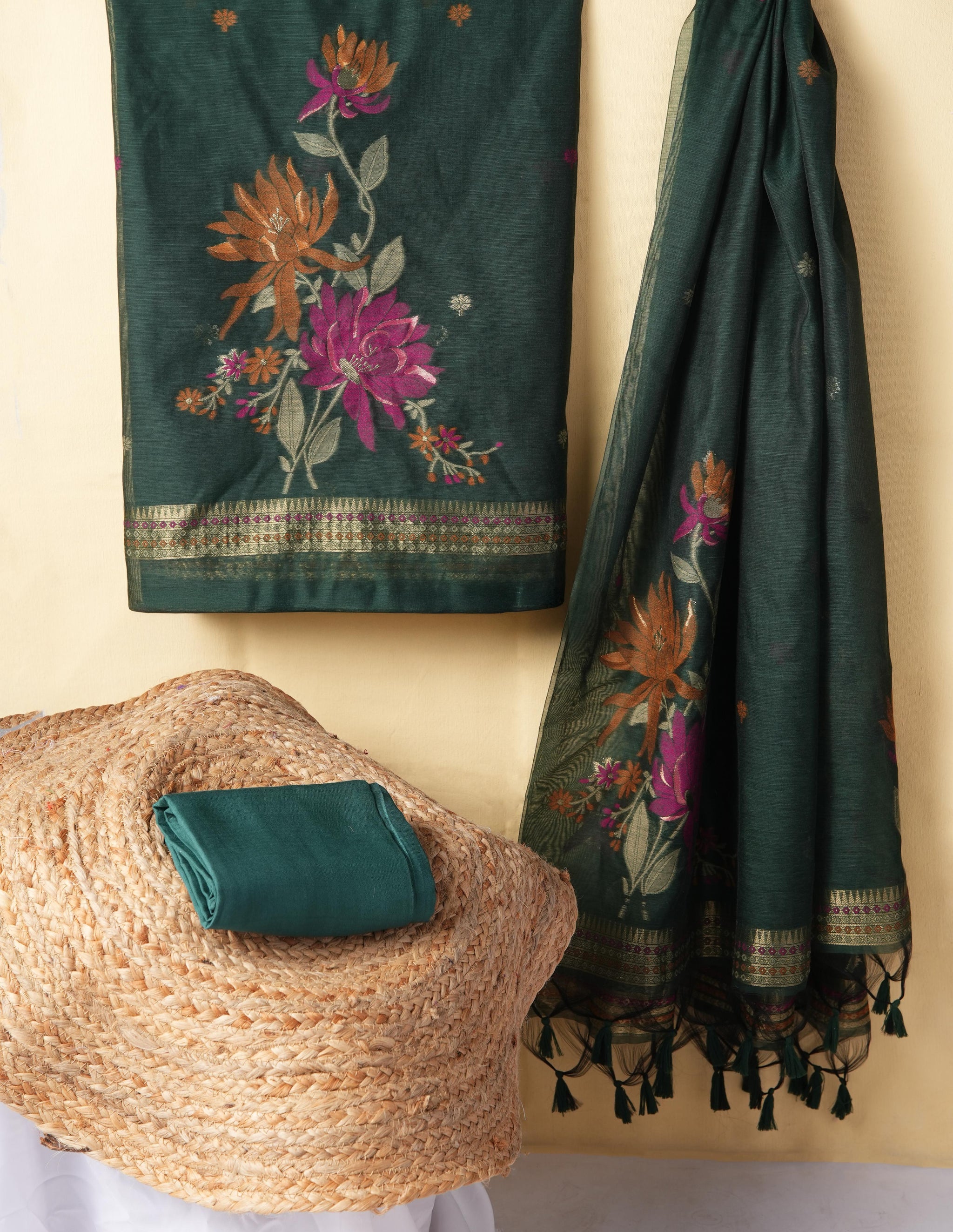 Misty Wefts Dark Green Muga Cotton Jamdani Unstitched Suit Set