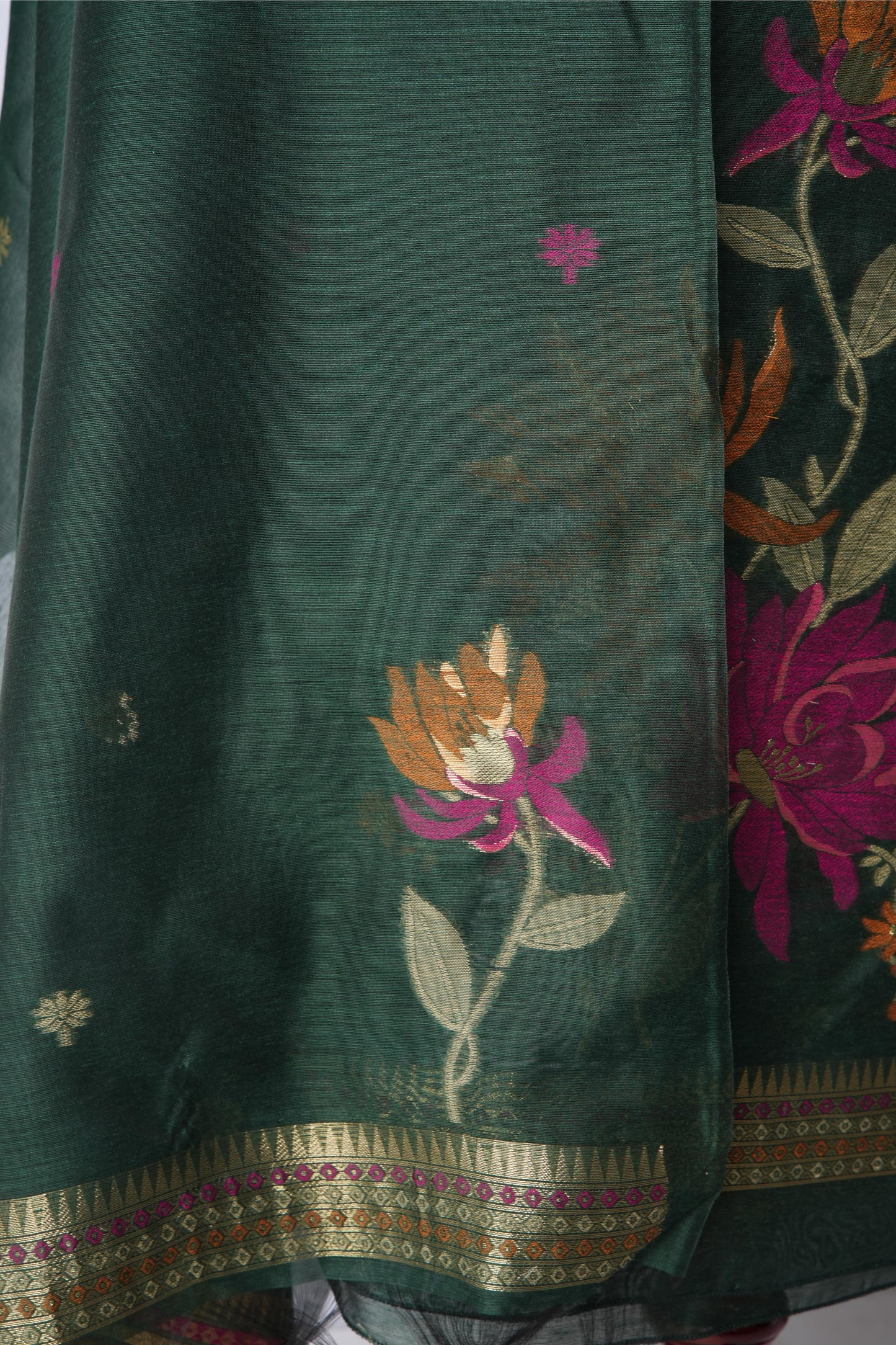 Misty Wefts Dark Green Muga Cotton Jamdani Unstitched Suit Set