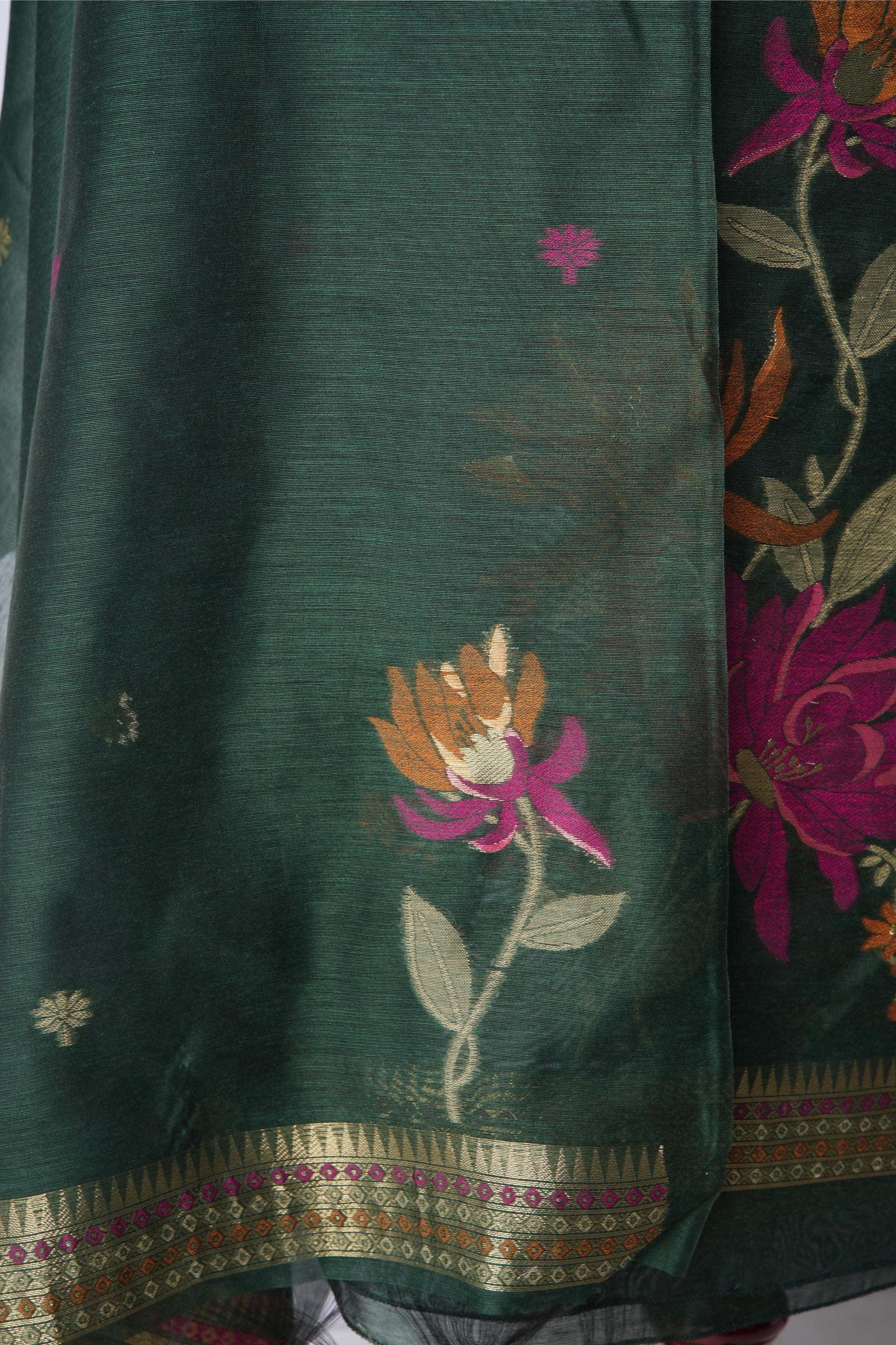 Misty Wefts Dark Green Muga Cotton Jamdani Unstitched Suit Set