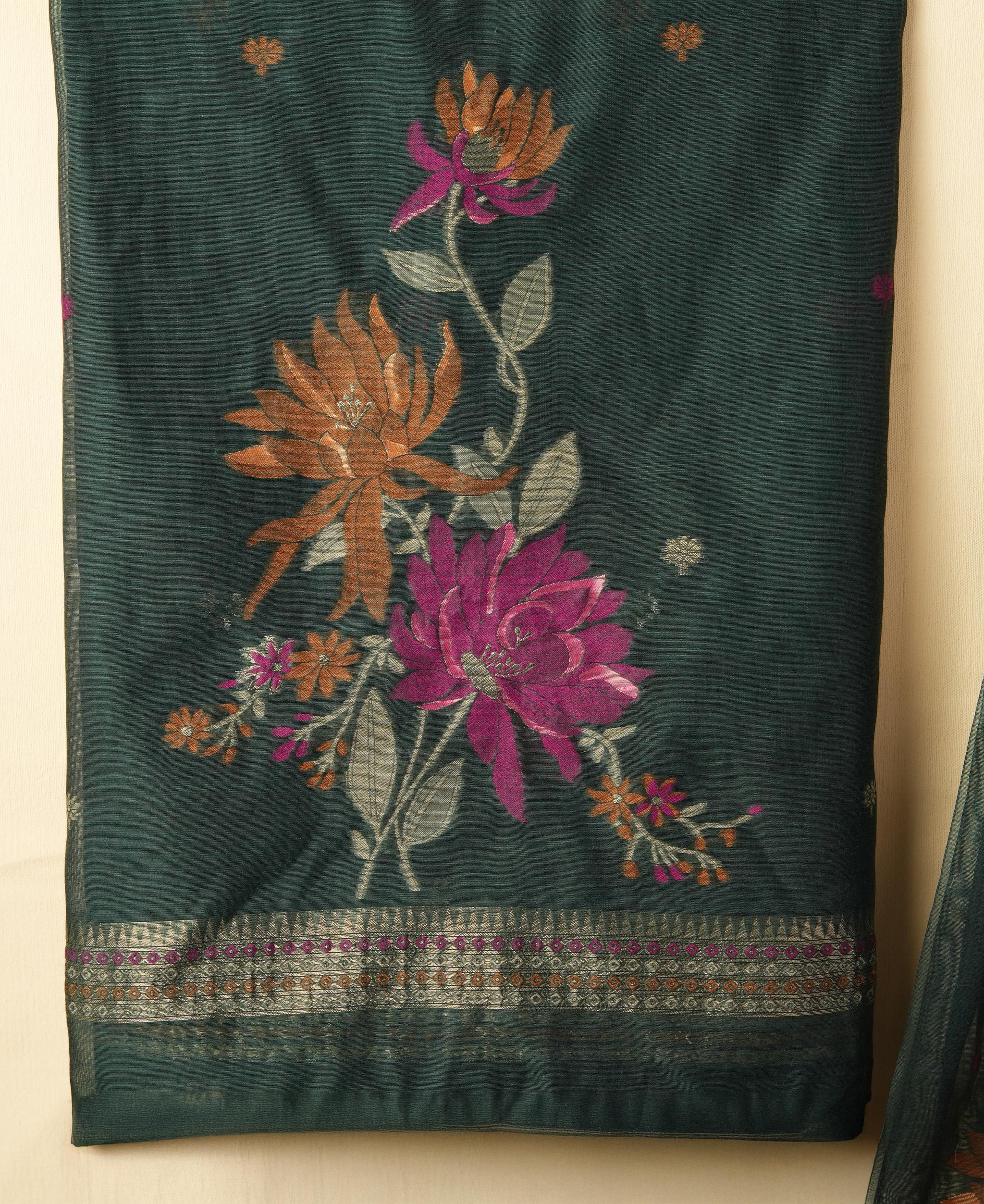 Misty Wefts Dark Green Muga Cotton Jamdani Unstitched Suit Set