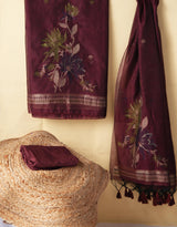 Misty Wefts Maroon Muga Cotton Jamdani Unstitched Suit Set