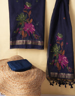 Load image into Gallery viewer, Misty Wefts Navy Blue Muga Cotton Jamdani Unstitched Suit Set
