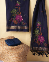Misty Wefts Navy Blue Muga Cotton Jamdani Unstitched Suit Set