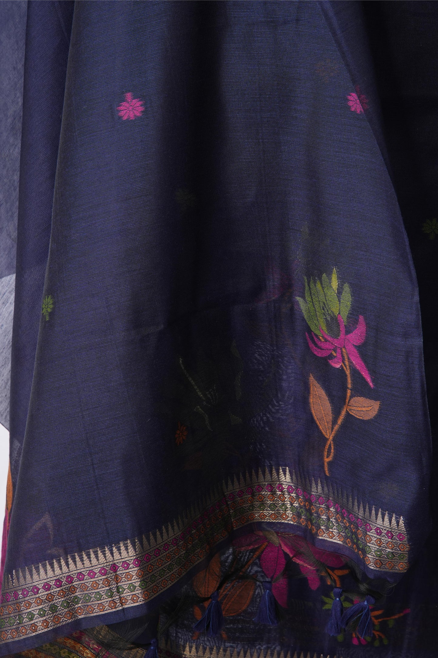 Misty Wefts Navy Blue Muga Cotton Jamdani Unstitched Suit Set