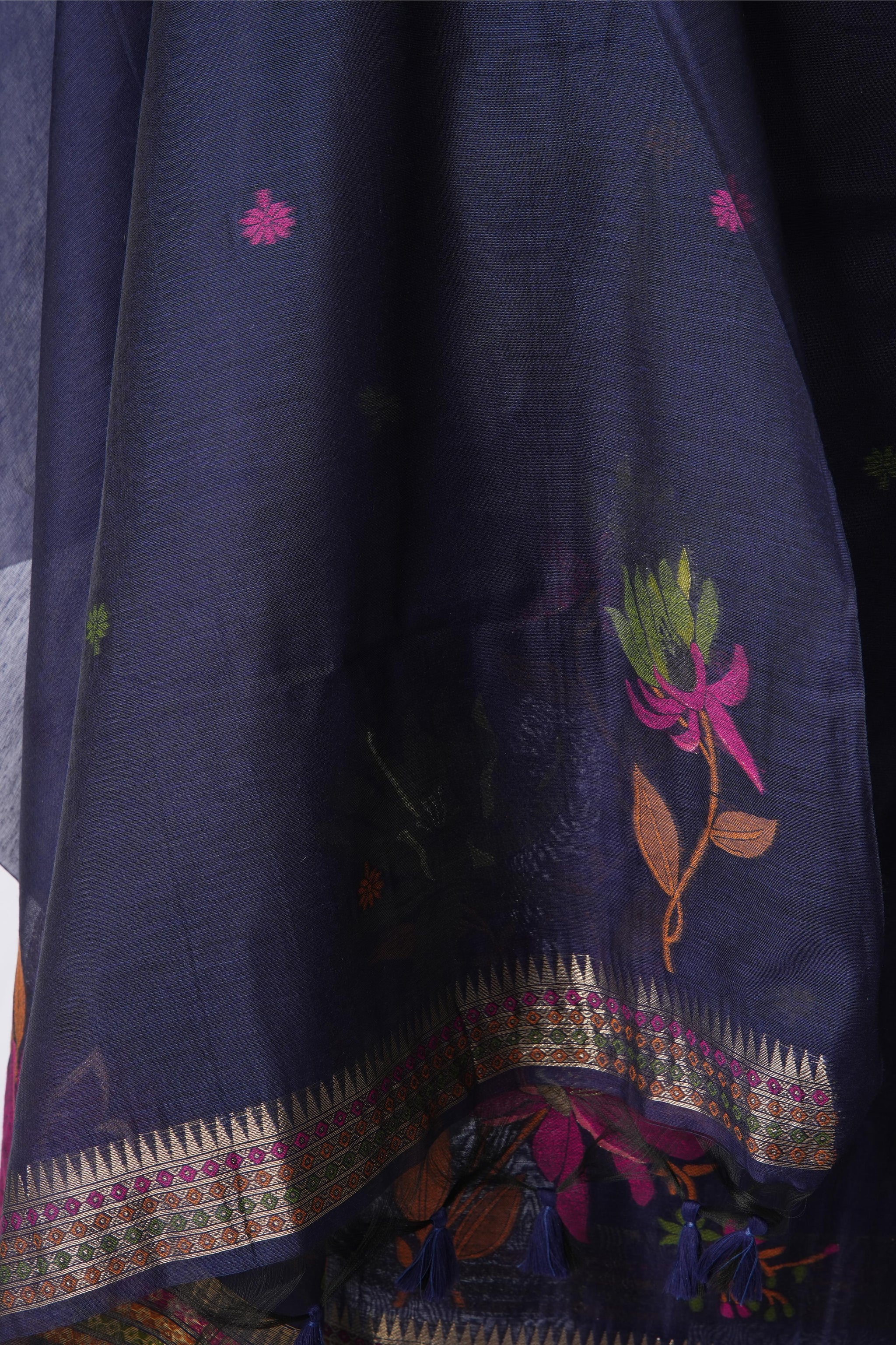 Misty Wefts Navy Blue Muga Cotton Jamdani Unstitched Suit Set