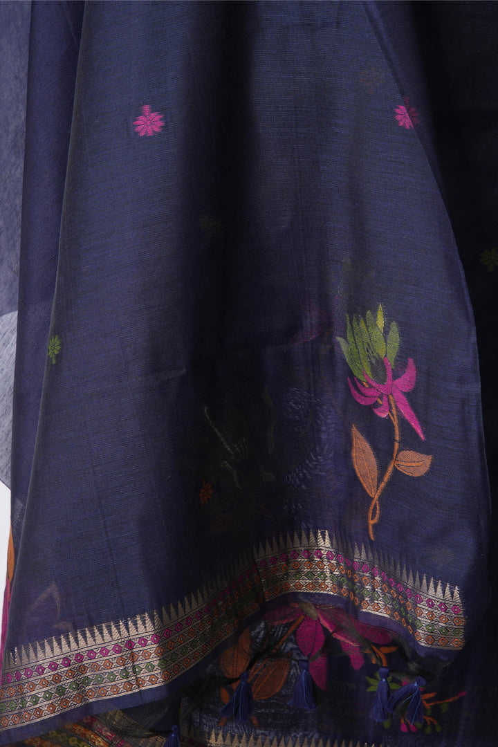 Misty Wefts Navy Blue Muga Cotton Jamdani Unstitched Suit Set