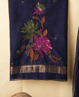 Misty Wefts Navy Blue Muga Cotton Jamdani Unstitched Suit Set