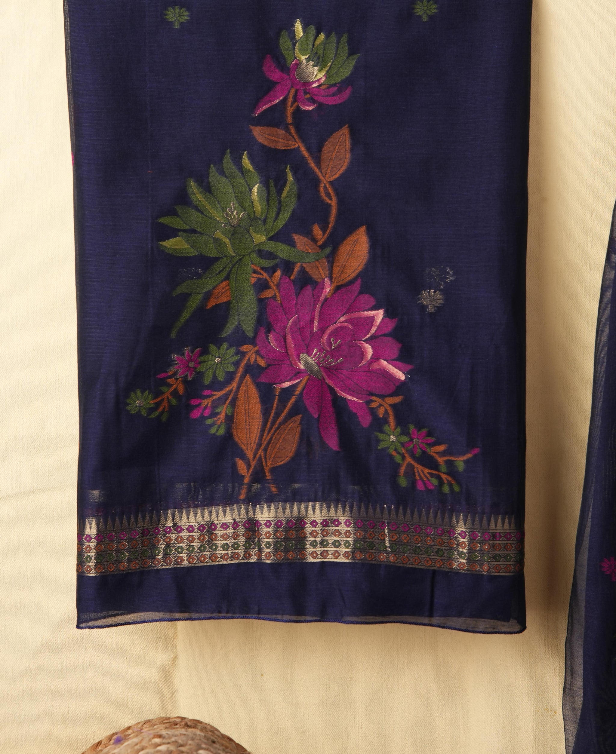 Misty Wefts Navy Blue Muga Cotton Jamdani Unstitched Suit Set