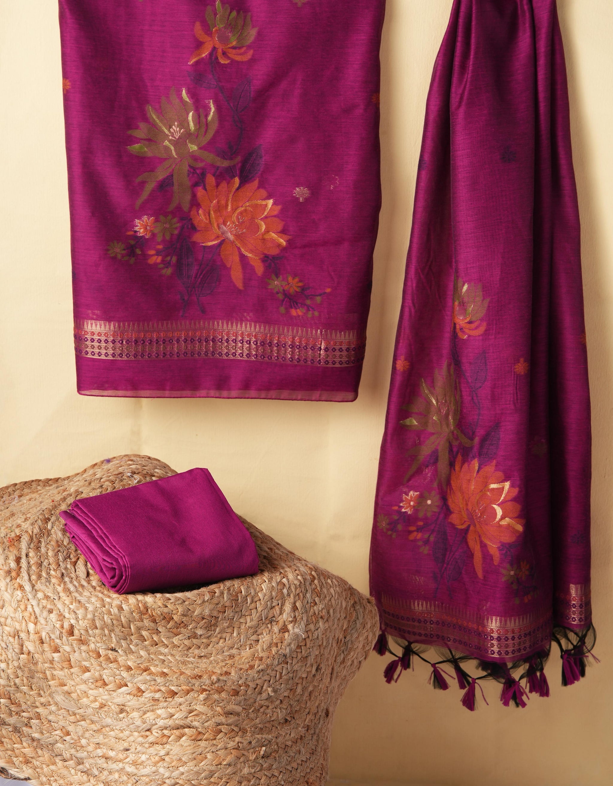 Misty Wefts Rani Pink Muga Cotton Jamdani Unstitched Suit Set