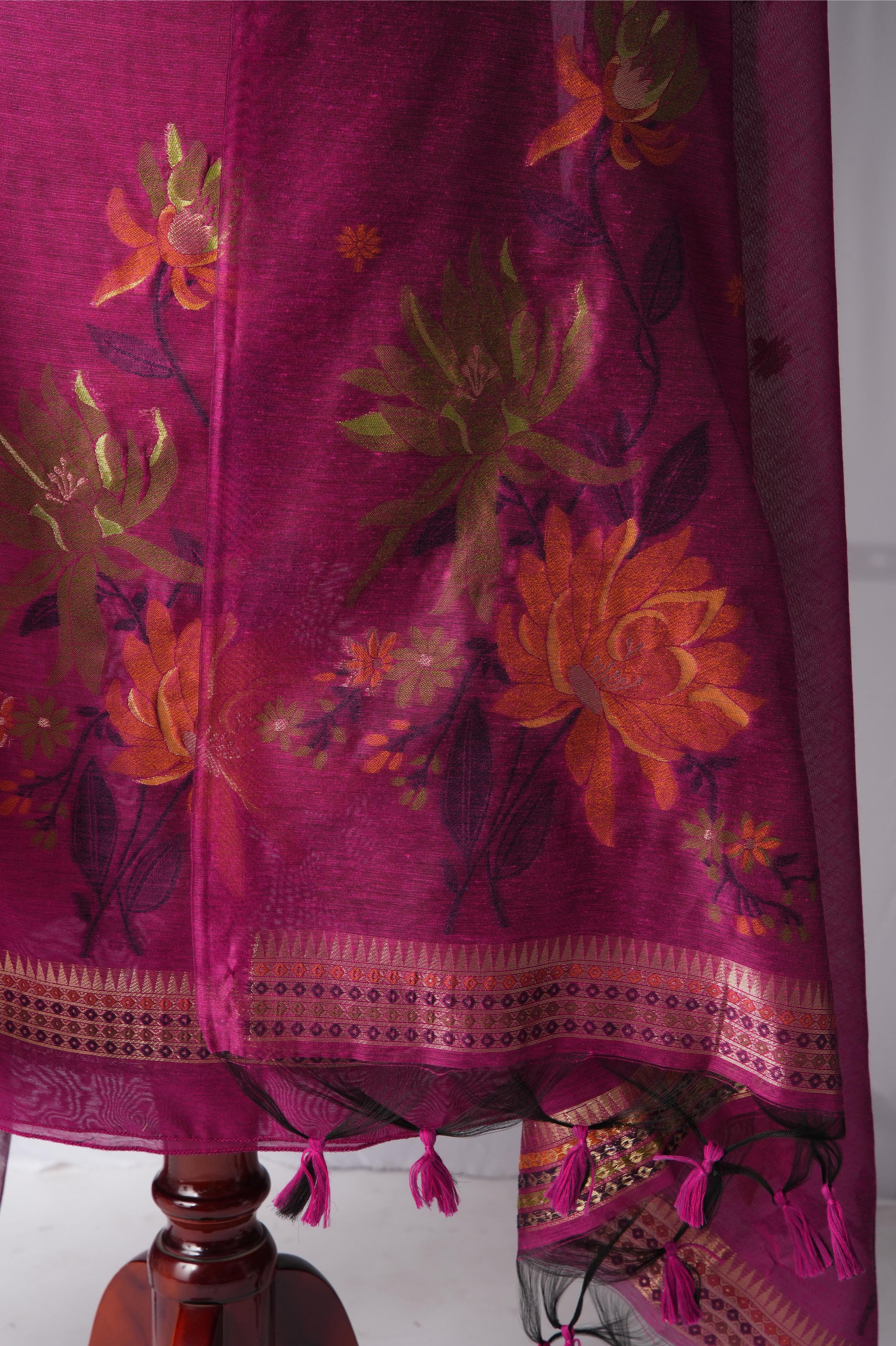 Misty Wefts Rani Pink Muga Cotton Jamdani Unstitched Suit Set