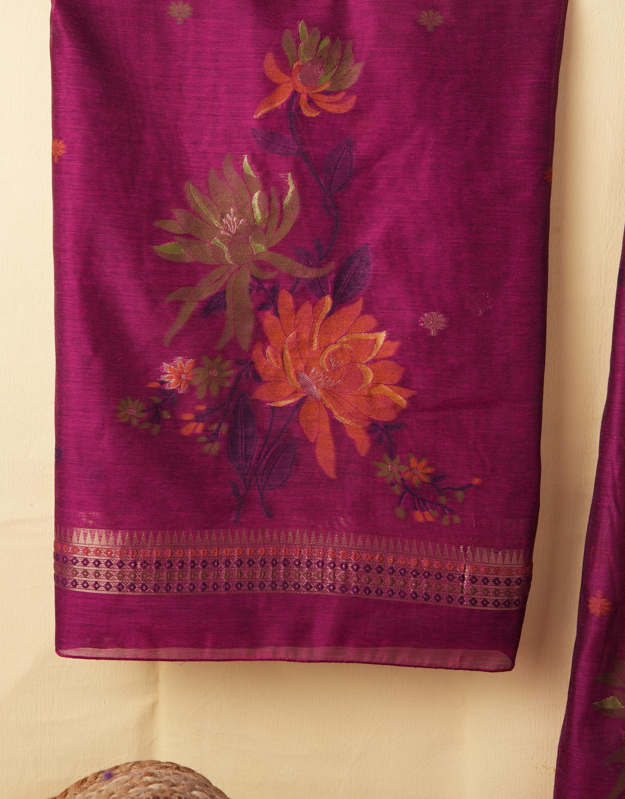 Misty Wefts Rani Pink Muga Cotton Jamdani Unstitched Suit Set