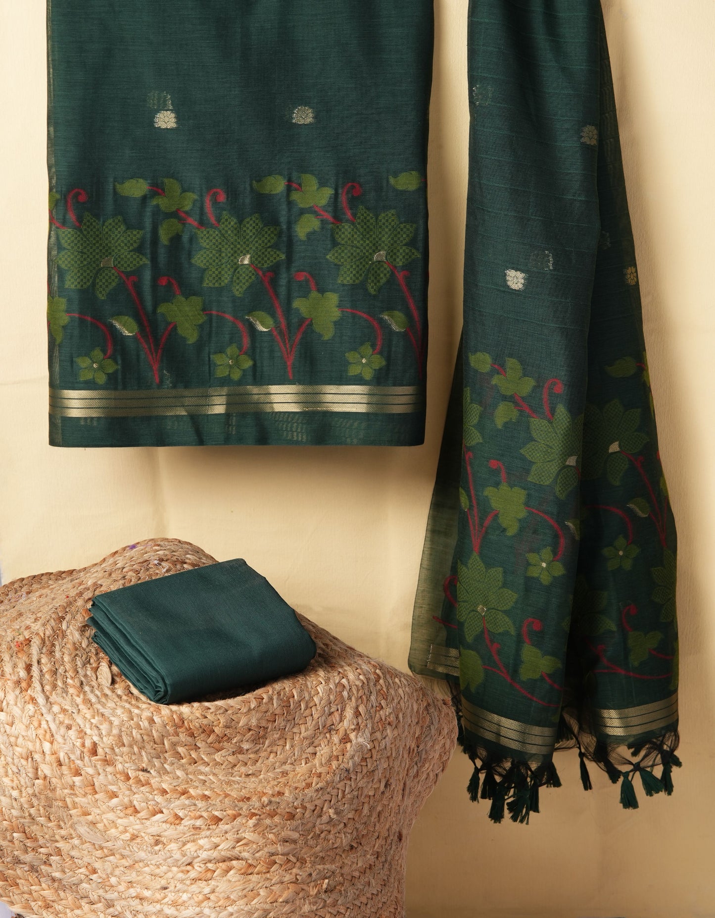 Dewy Bloom Bottle Green Muga Cotton Jamdani Unstitched Suit Set