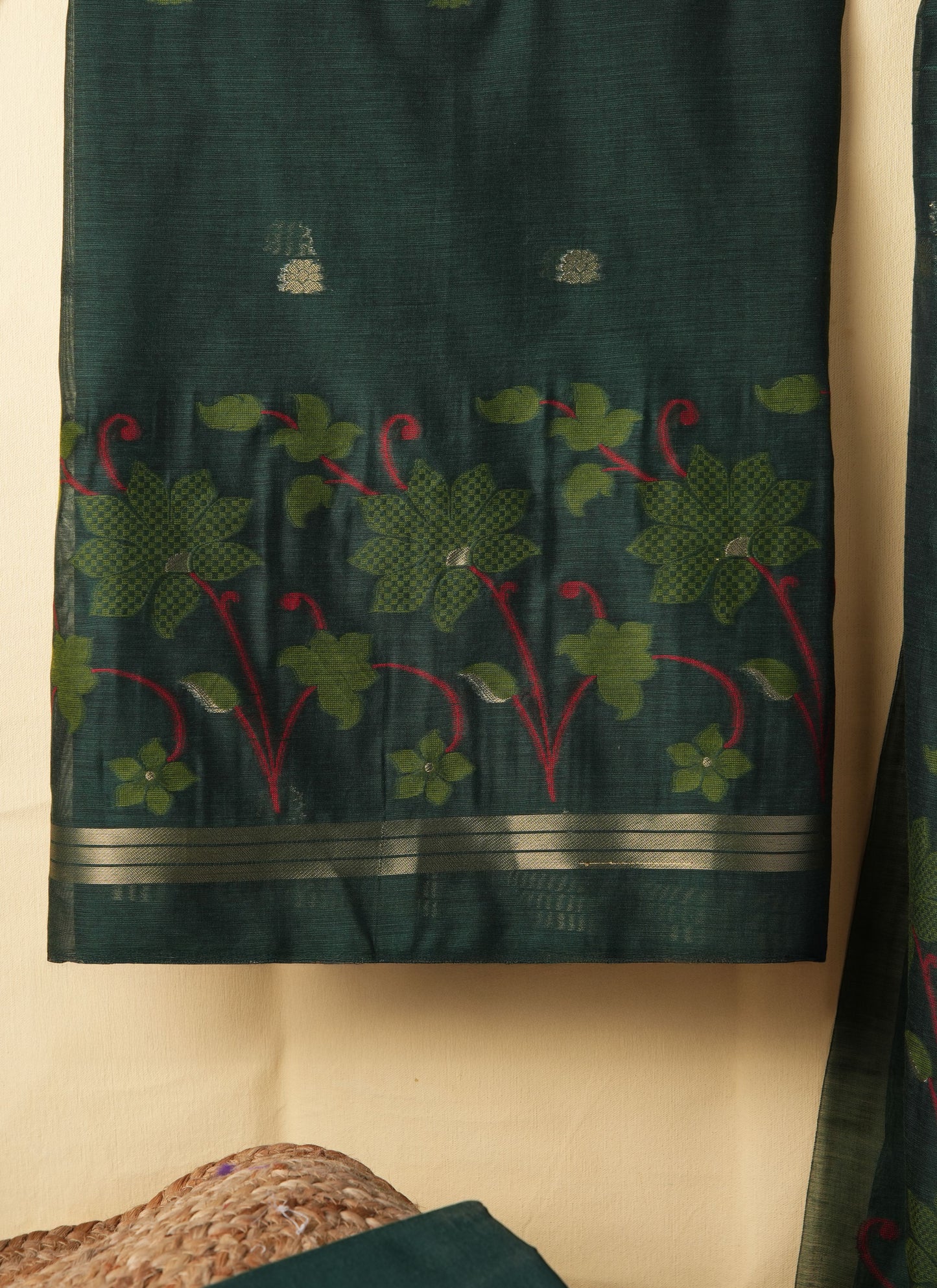 Dewy Bloom Bottle Green Muga Cotton Jamdani Unstitched Suit Set