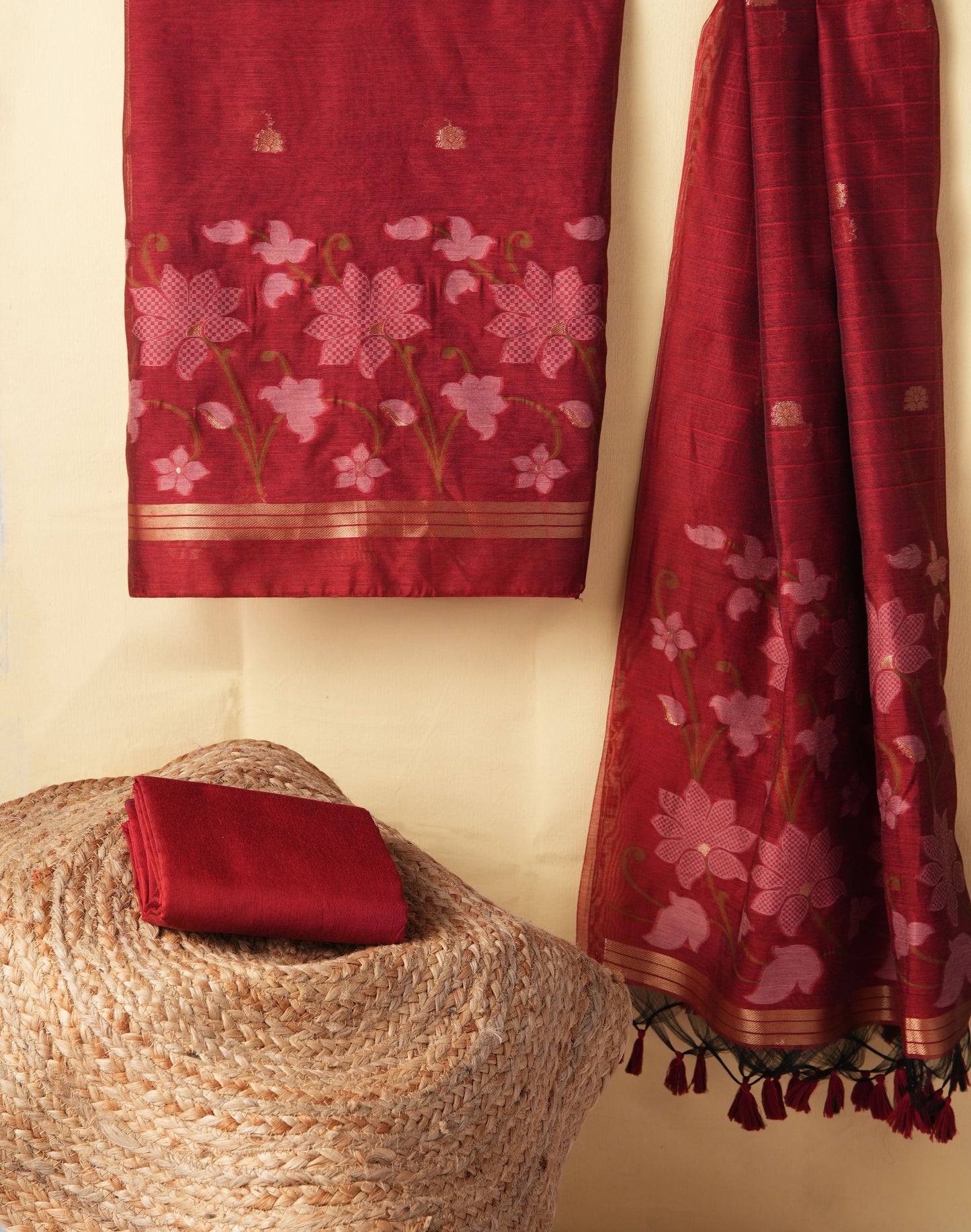 Dewy Bloom Red Muga Cotton Jamdani Unstitched Suit Set