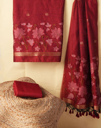 Dewy Bloom Red Muga Cotton Jamdani Unstitched Suit Set