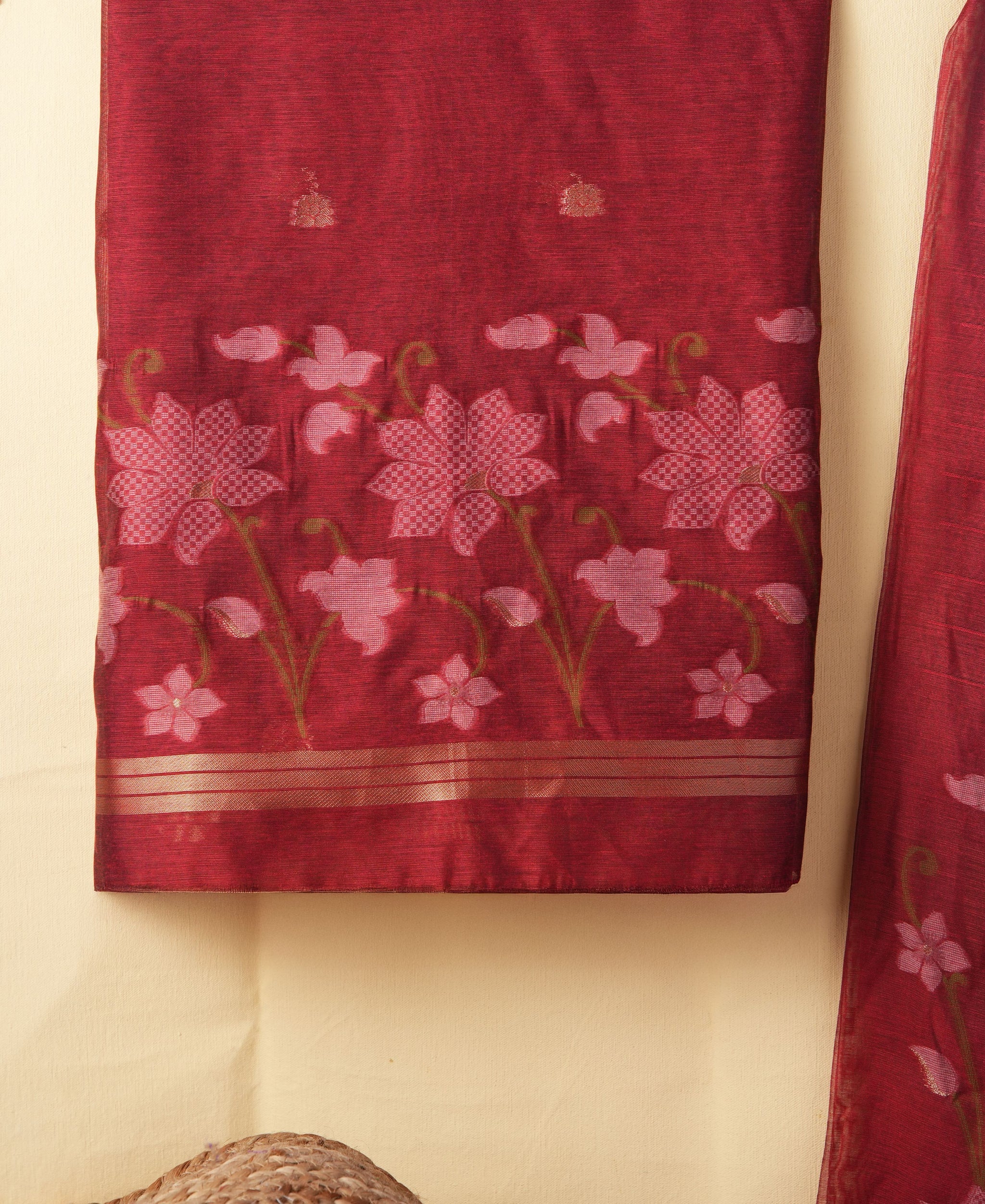 Dewy Bloom Red Muga Cotton Jamdani Unstitched Suit Set