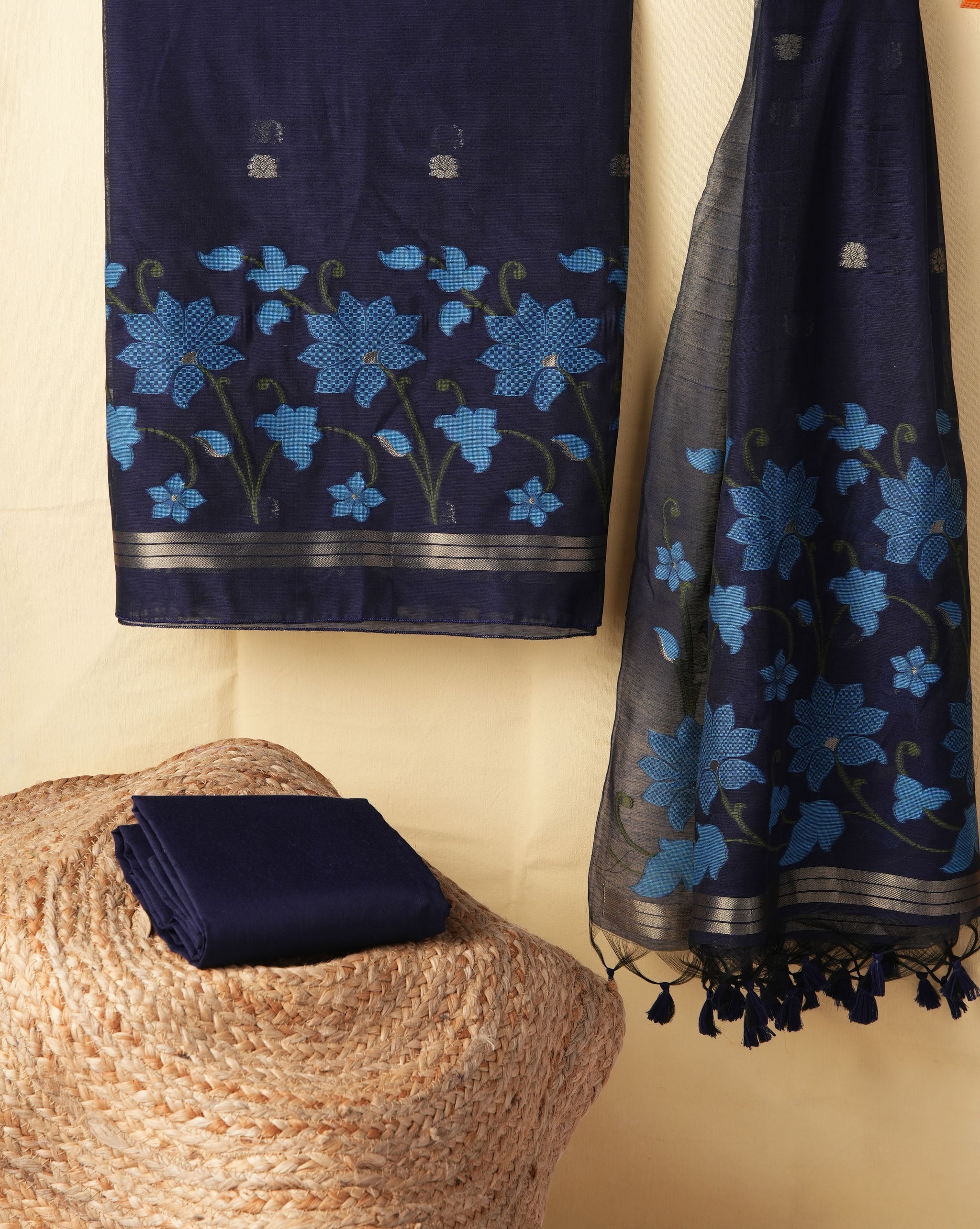 Dewy Bloom Navy Blue Muga Cotton Jamdani Unstitched Suit Set