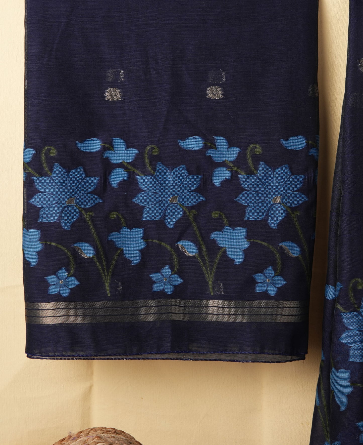 Dewy Bloom Navy Blue Muga Cotton Jamdani Unstitched Suit Set