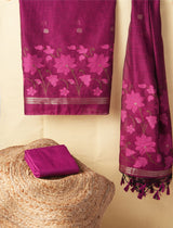 Dewy Bloom Rani Pink Muga Cotton Jamdani Unstitched Suit Set