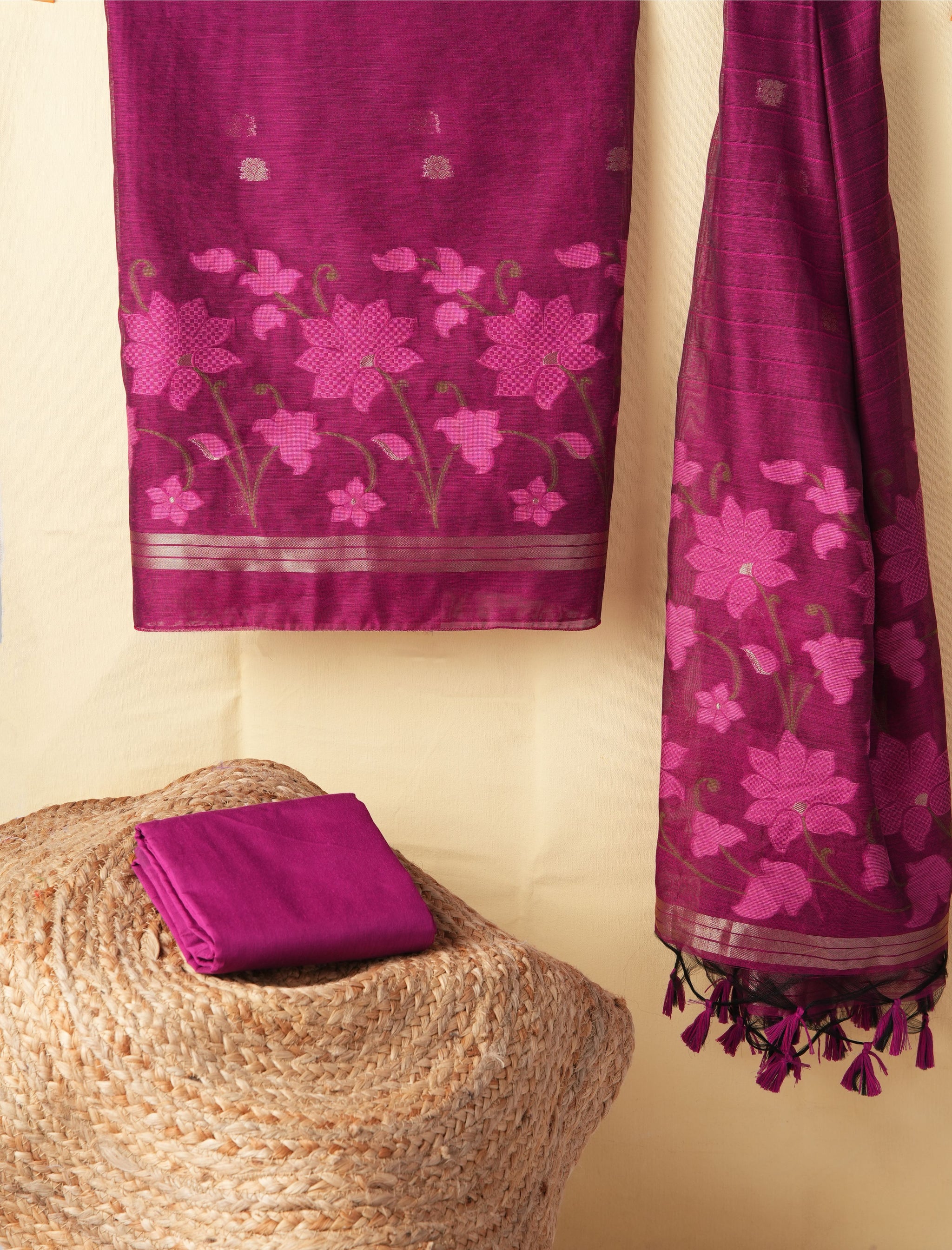 Dewy Bloom Rani Pink Muga Cotton Jamdani Unstitched Suit Set