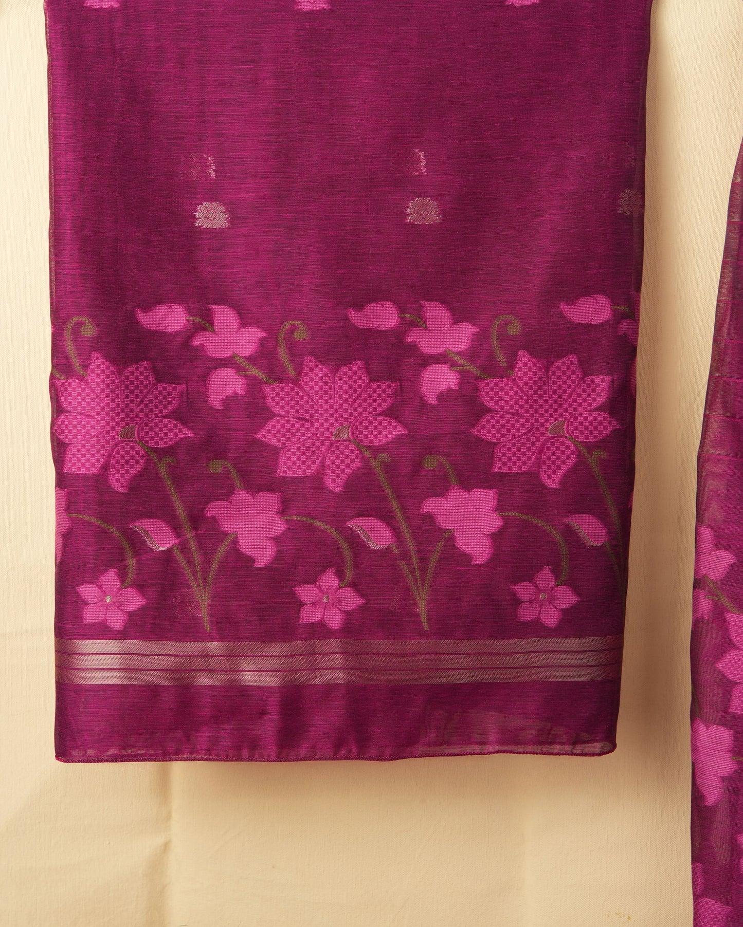 Dewy Bloom Rani Pink Muga Cotton Jamdani Unstitched Suit Set