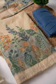 Ethnic Ethos Beige & Navy Cotton Unstitched Suit Set