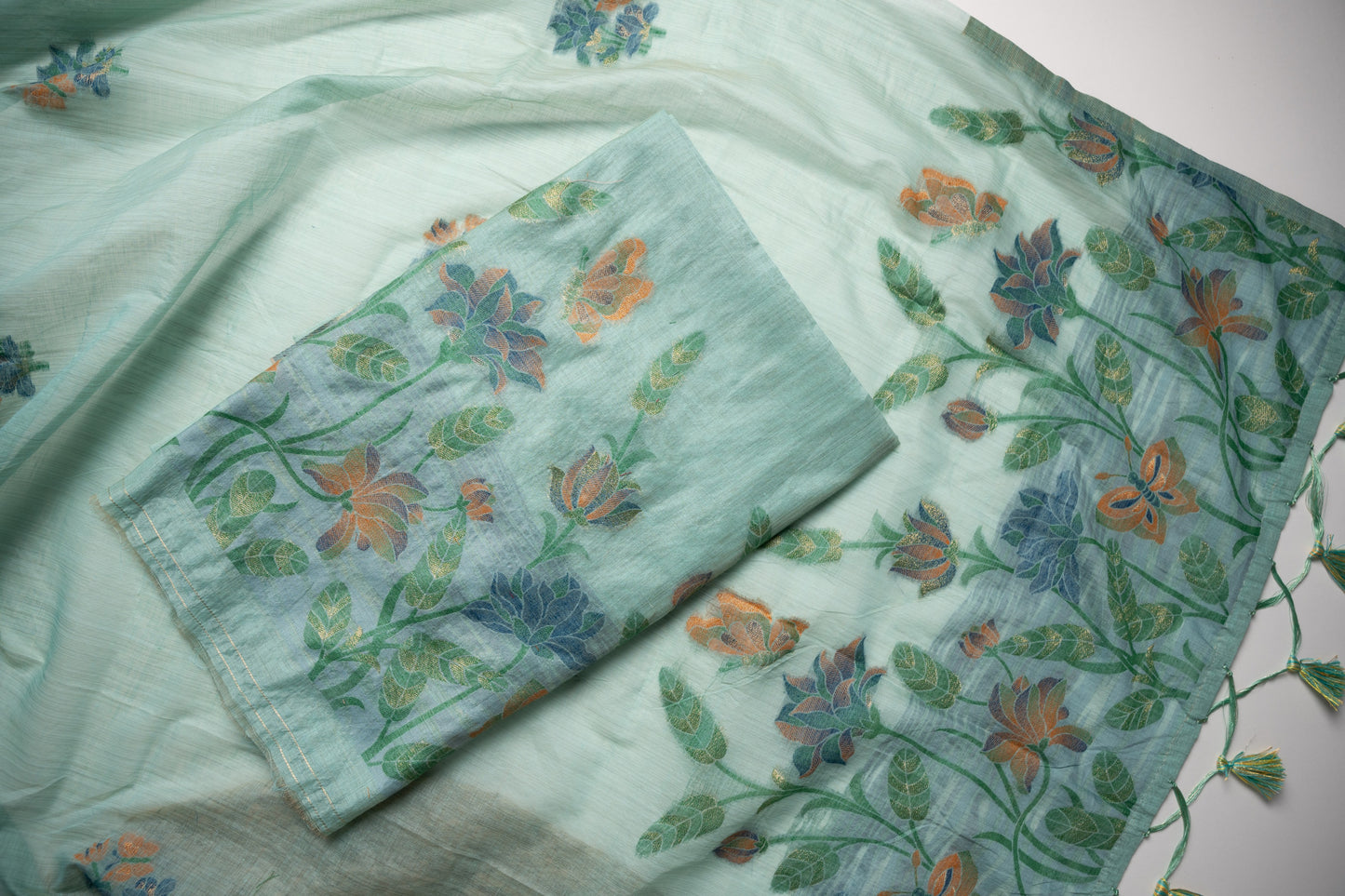 Trendy Tales Teal Cotton Unstitched Suit Set