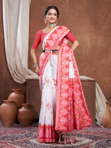 Red & White Chanderi Cotton Saree For Durga Puja
