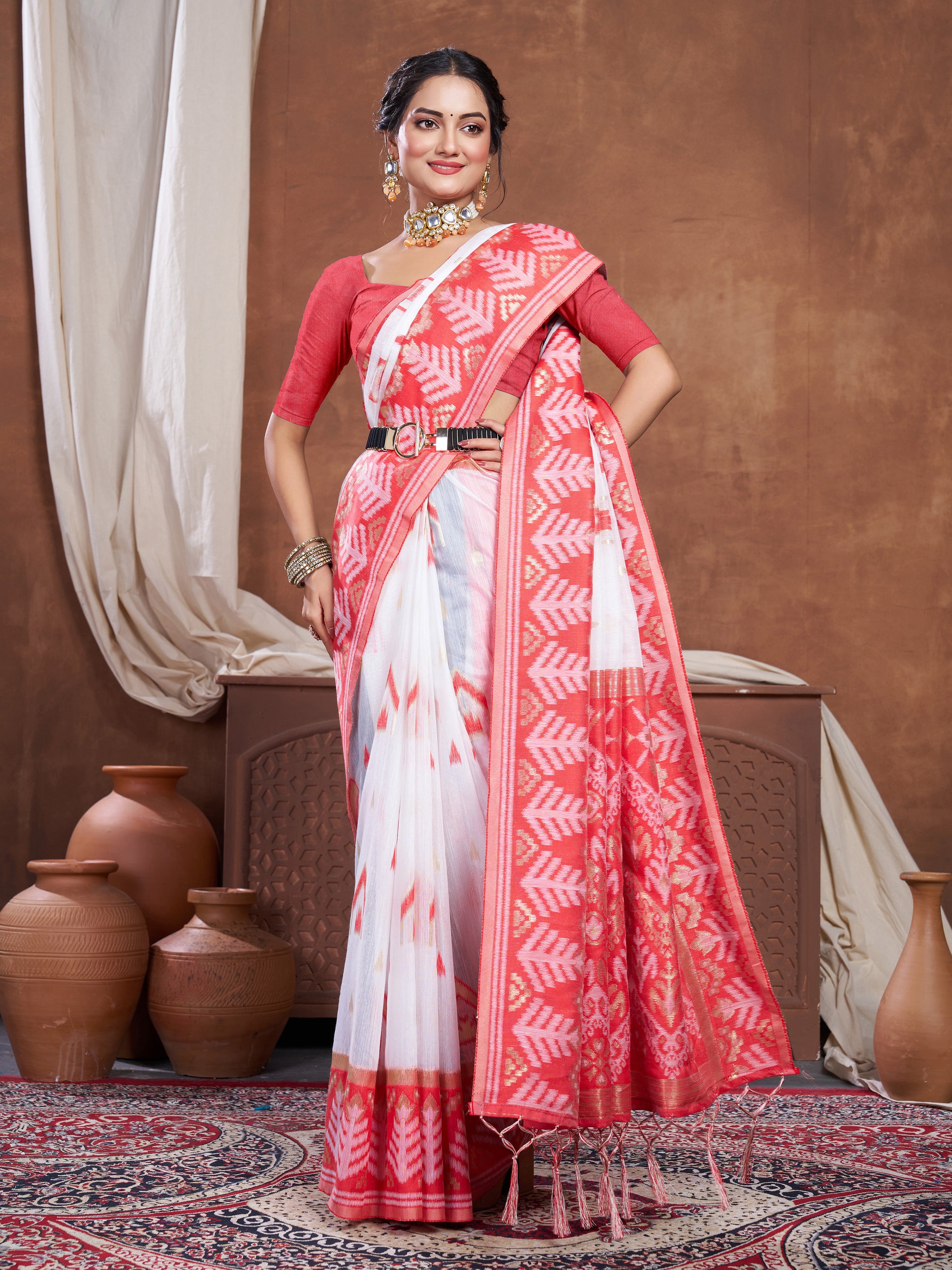 Red & White Chanderi Cotton Saree For Durga Puja