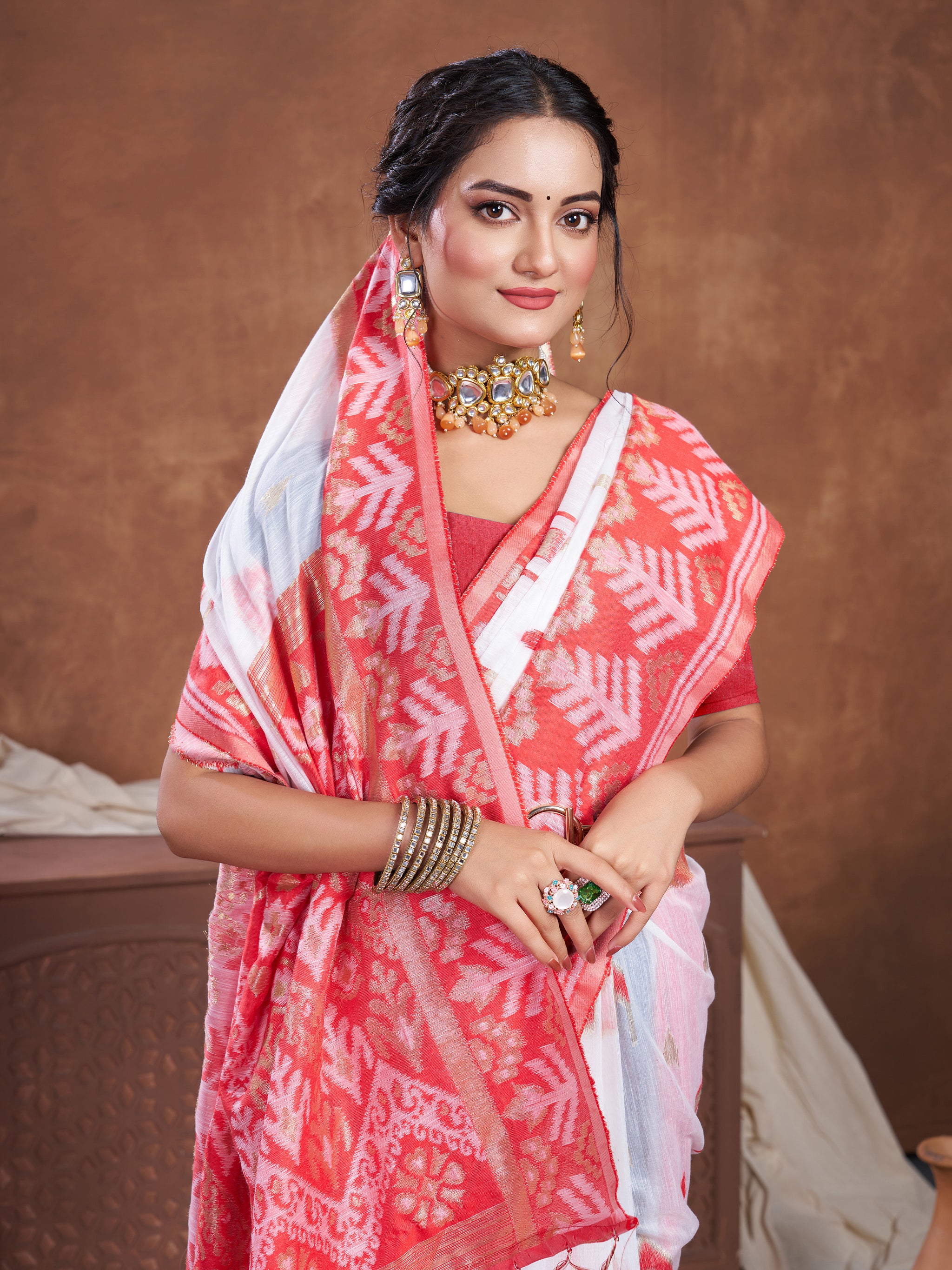 Red & White Chanderi Cotton Saree For Durga Puja