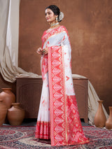 Red & White Chanderi Cotton Saree For Durga Puja