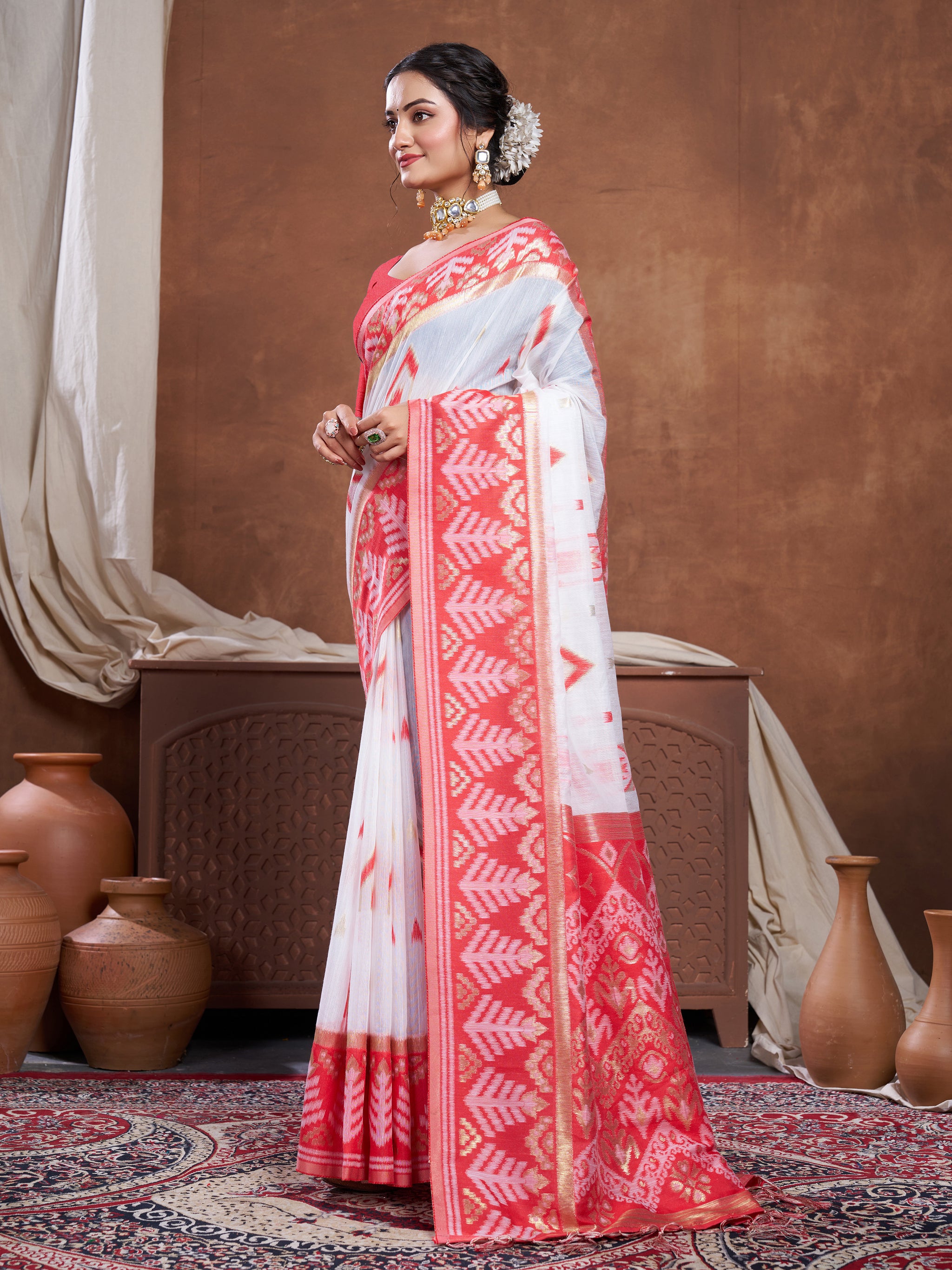 Red & White Chanderi Cotton Saree For Durga Puja