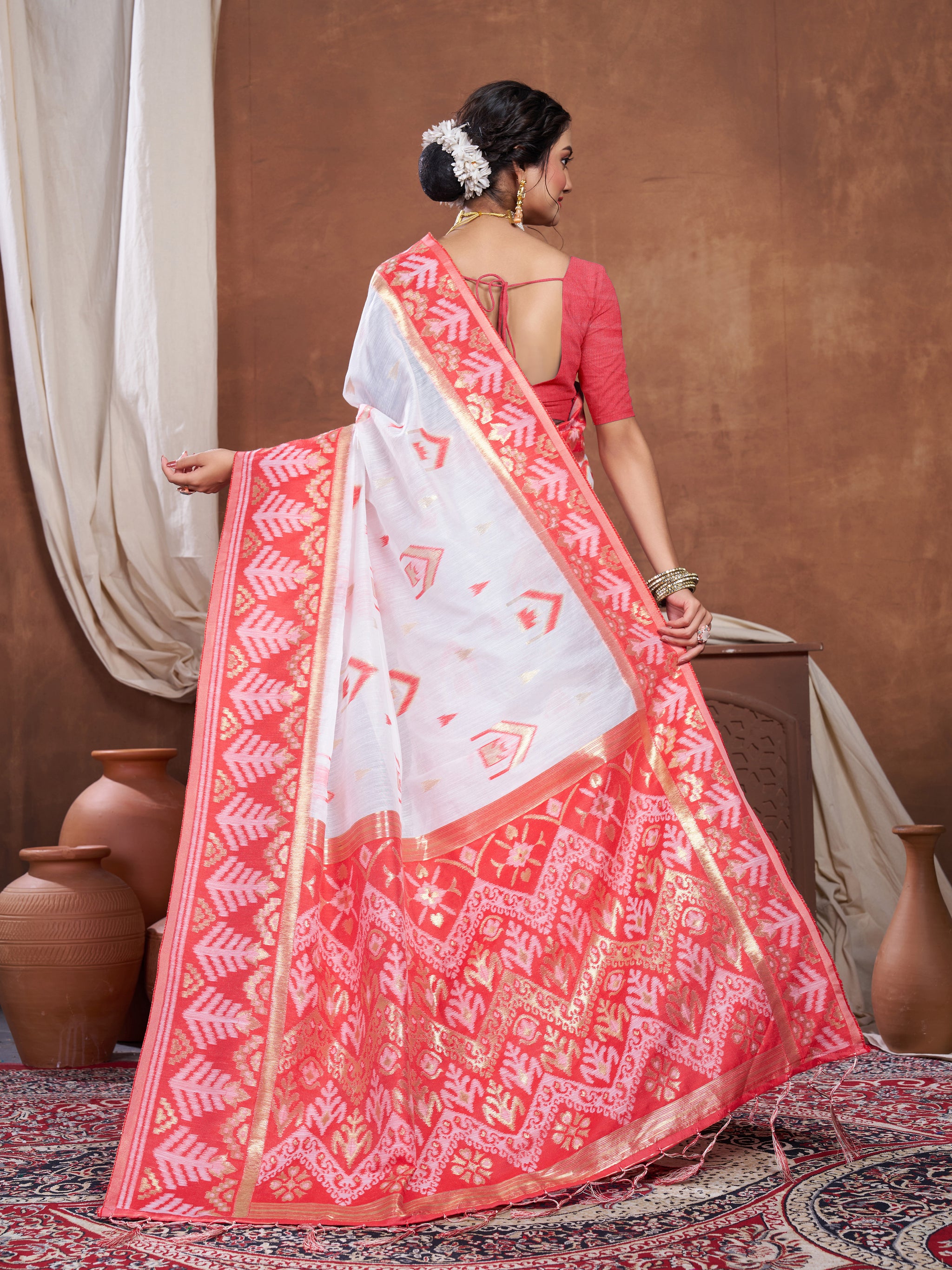 Red & White Chanderi Cotton Saree For Durga Puja