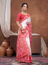 Red & White Chanderi Cotton Saree For Durga Puja