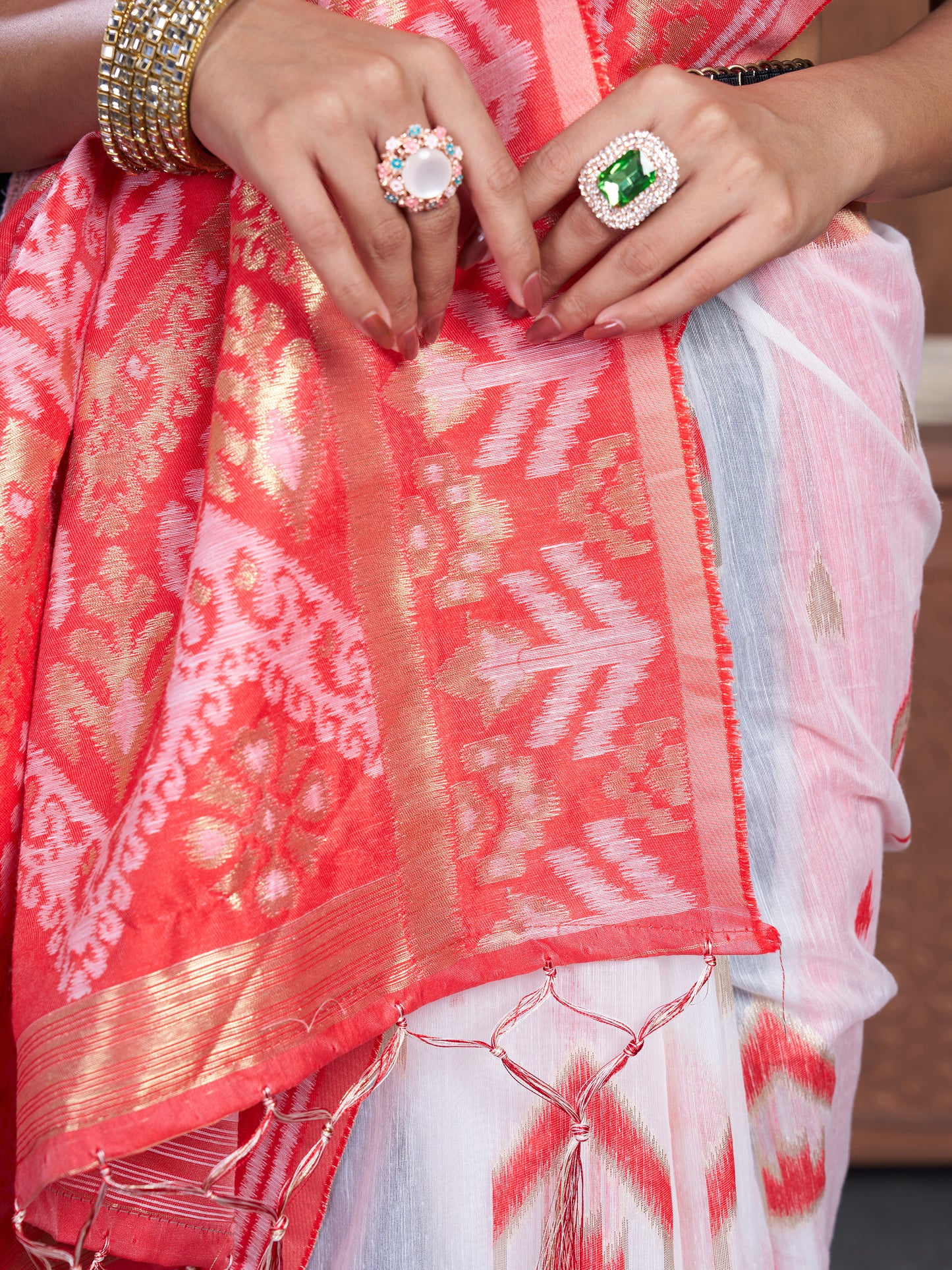 Red & White Chanderi Cotton Saree For Durga Puja