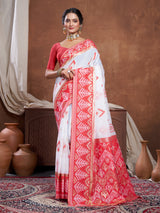Red & White Chanderi Cotton Saree For Durga Puja