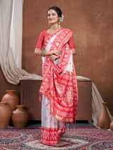 Red & White Chanderi Cotton Saree For Durga Puja