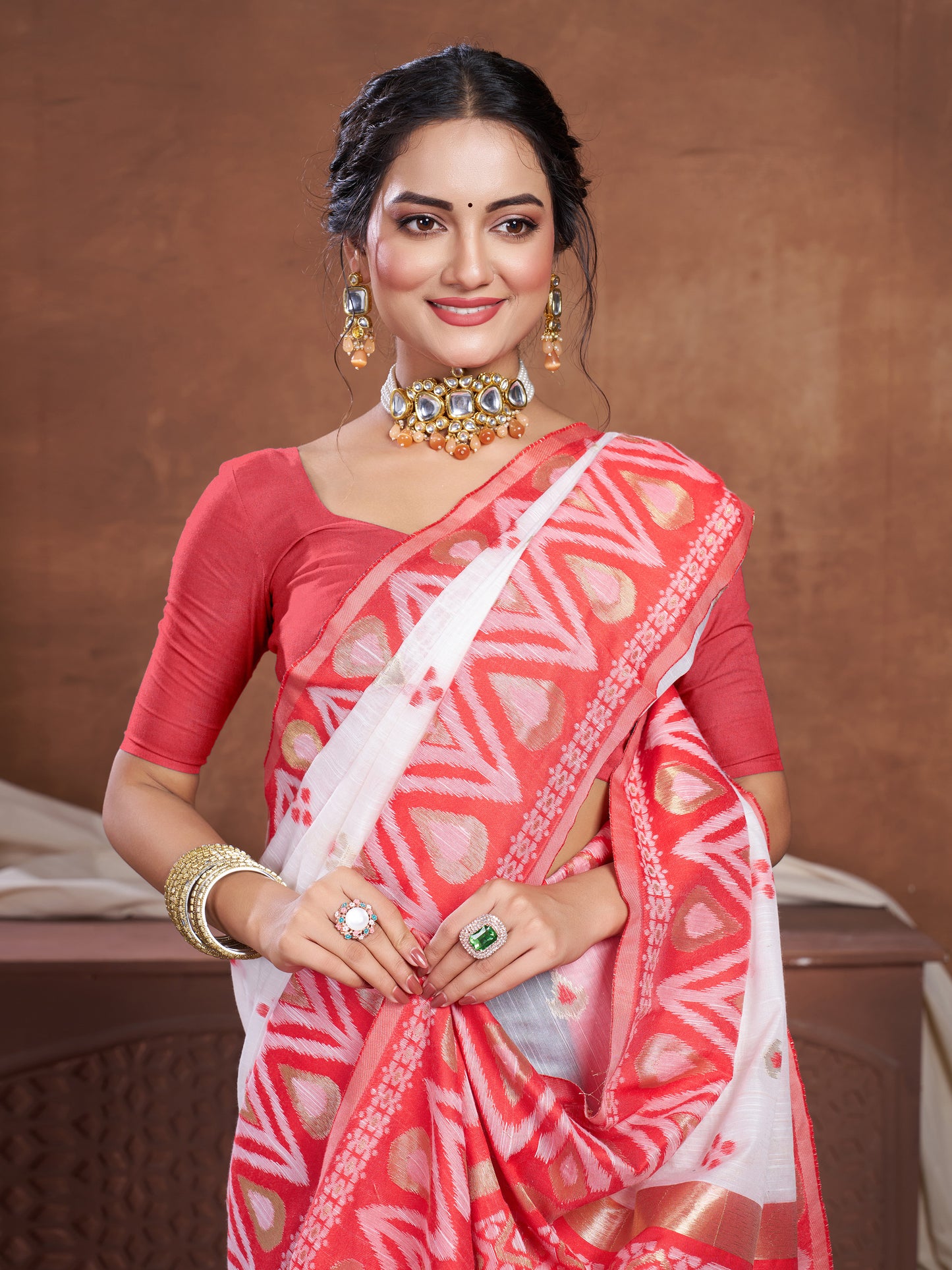 Red & White Chanderi Cotton Saree For Durga Puja