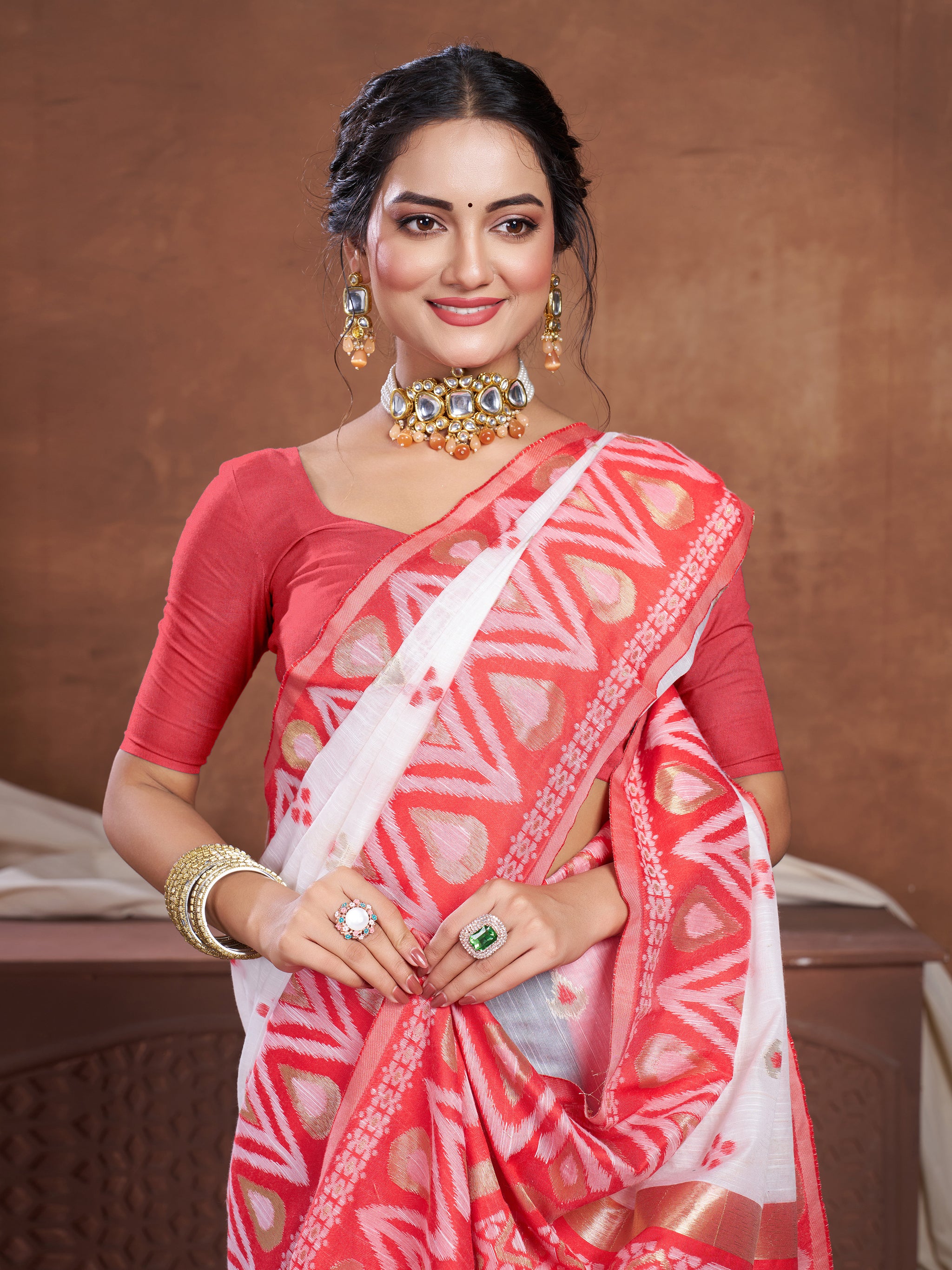 Red & White Chanderi Cotton Saree For Durga Puja